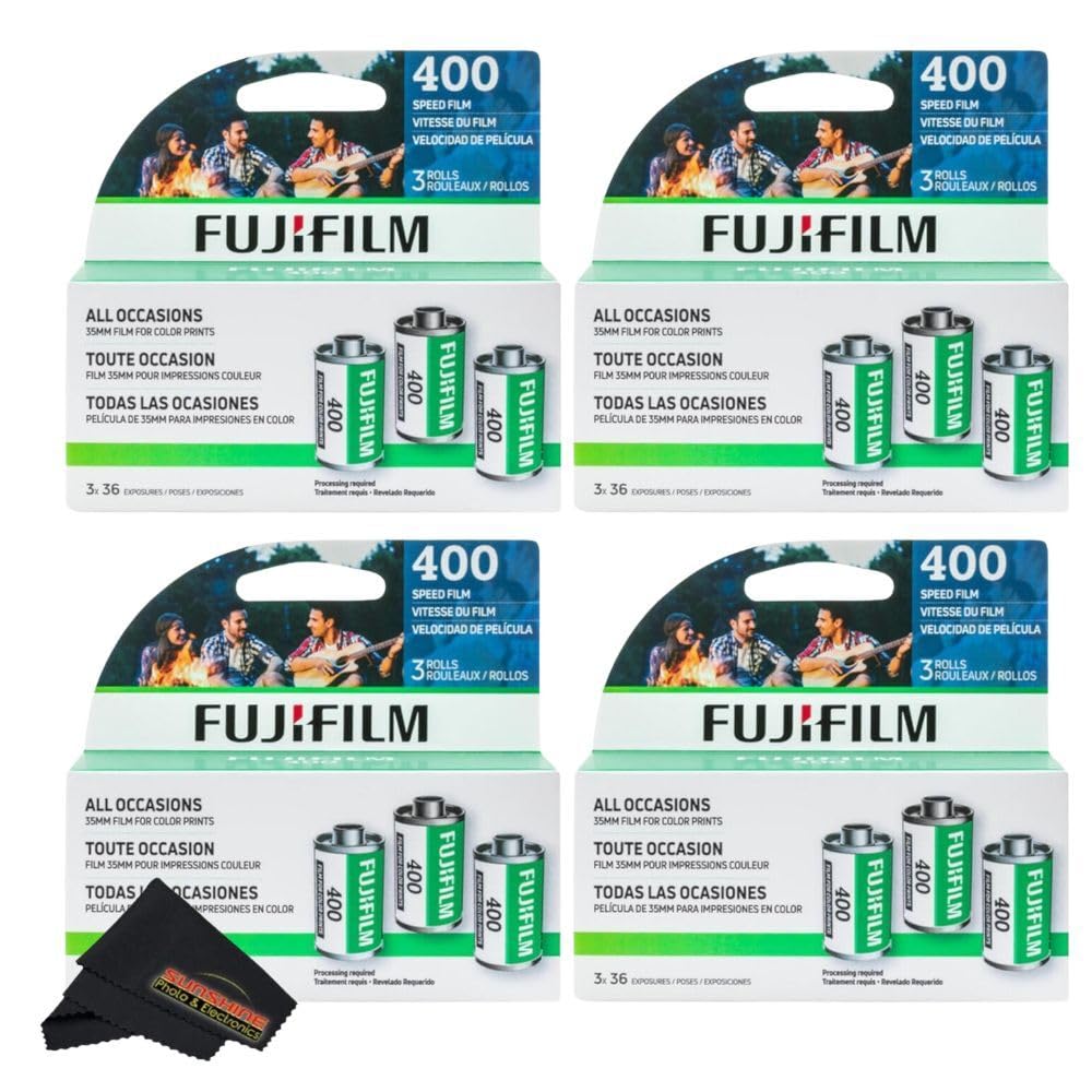Fujifilm Fujicolor 400 Color Negative Film (35mm Roll Film, 3x36) + Sunshine Photo Microfiber Cleaning Cloth (4 Pack)