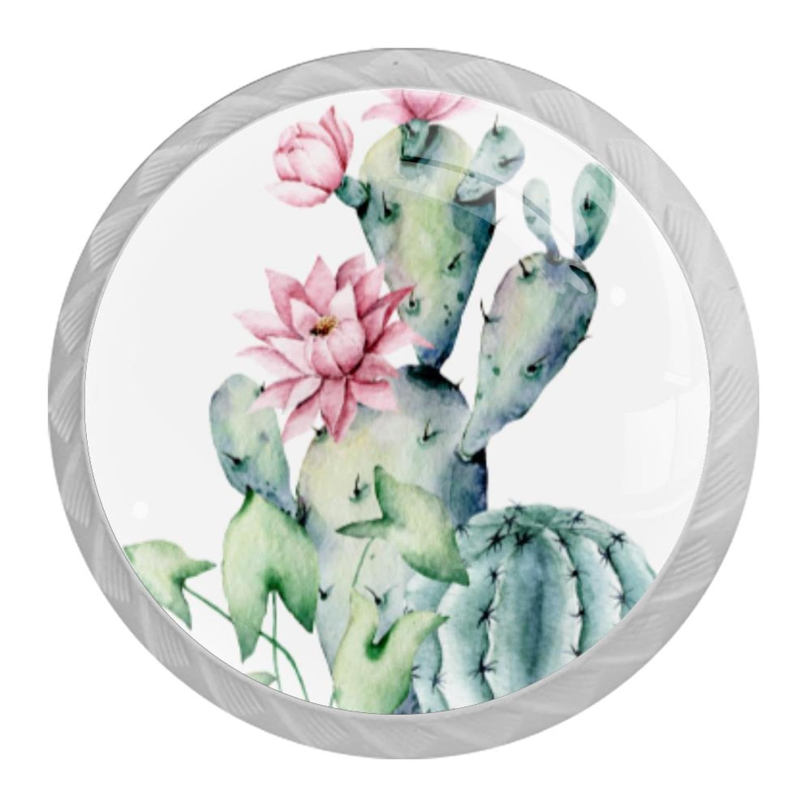 Tqmspg 4 Pieces Drawer Pulls Watercolor Cactus Door Knobs Dresser Handles for Kitchen Wardrobe Cupboard Hardware Furniture