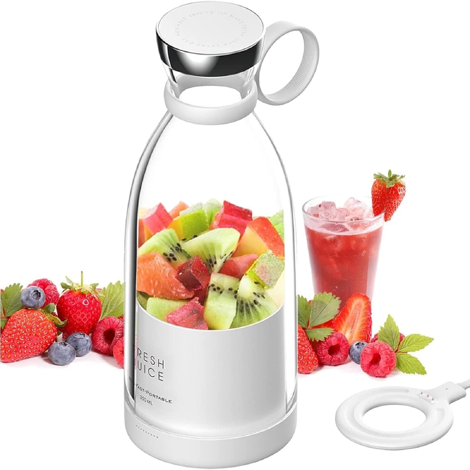 MayMax Mini Licuadora de Vaso Portatil Blanco - Batidora Personal USB Recargable para Smoothies Batidos y Zumos, Compacta para Gimnasio Oficina y Viaje