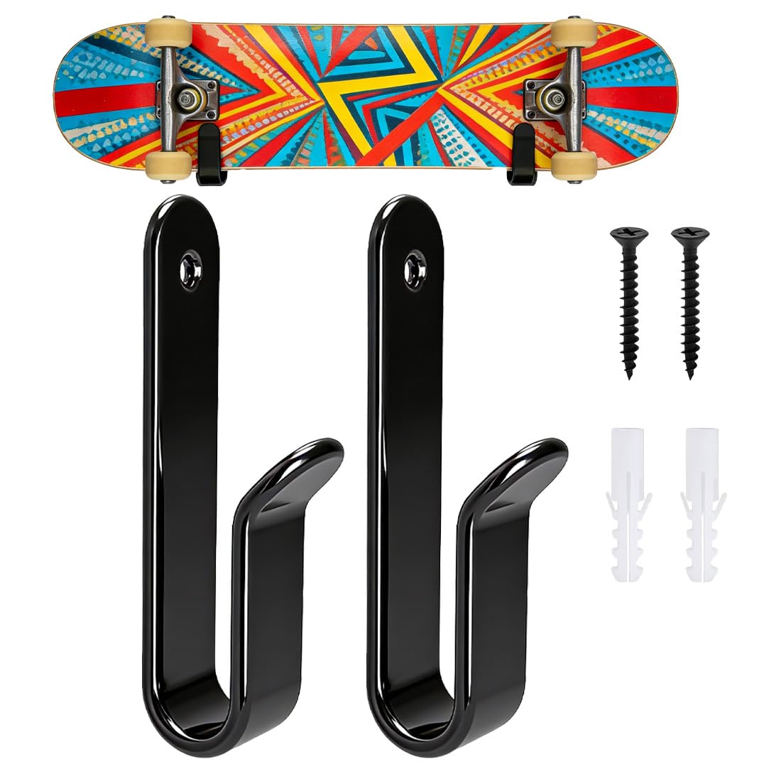 LJYING 2 Pack Metal Clips Skateboard Wall Mount & Snowboard Storage Wall Rack with Hanger Support - Skateboard Display Stand for Room, Garage Indoor Storage
