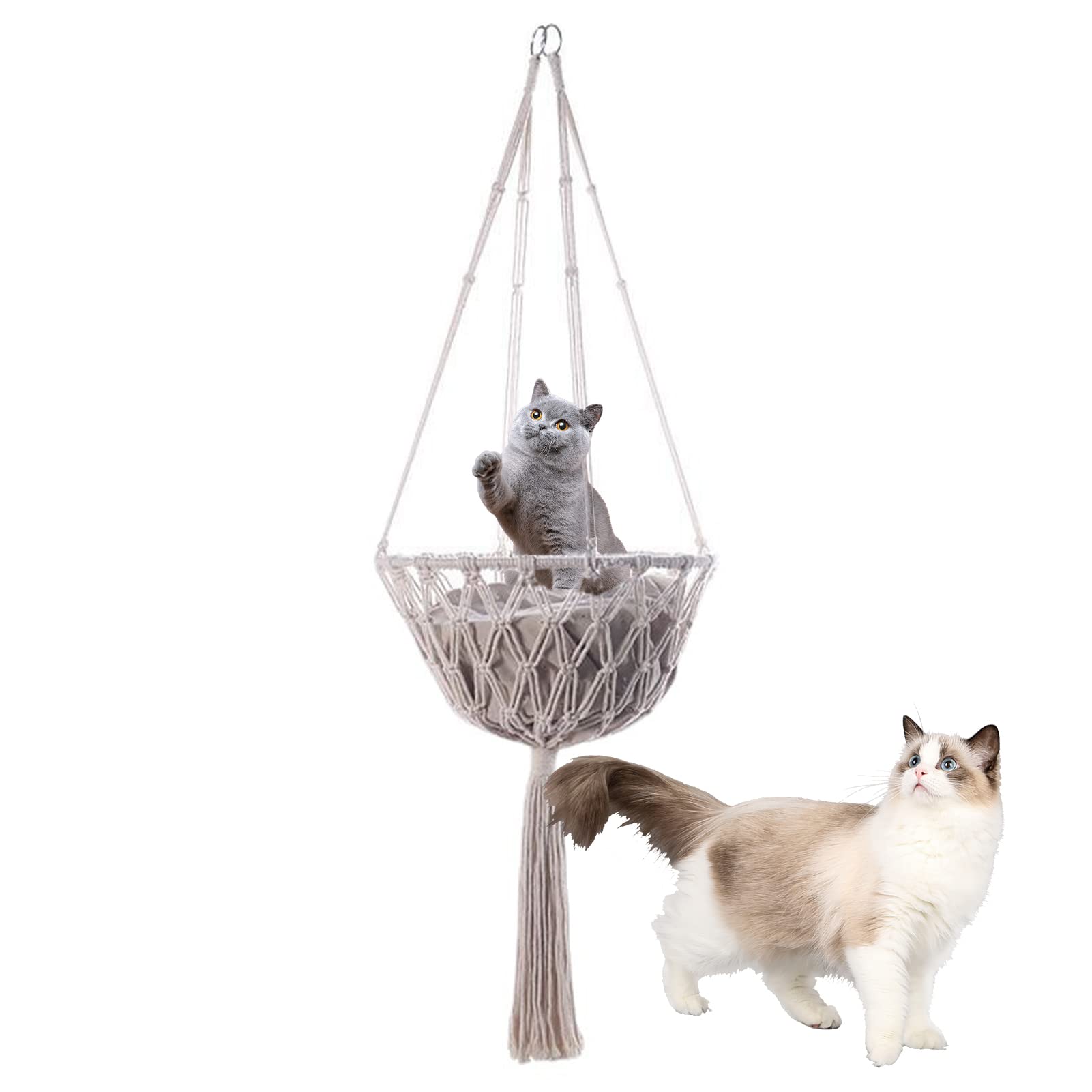 Quaste, Makramee, zum Aufhängen, Katzenschaukel, handgewebt, für Fenster, für Katzen, atmungsaktiv, Bohemian, Dekoration, Haus, Bett zum Aufhängen für schlafendes Kätzchen und Spielen (50 cm)