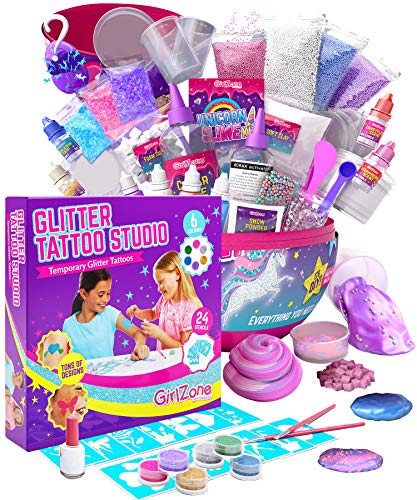 GirlZone Bundle Unicorn Egg Sparkly Surprise Slime Kit for Kids and Temporary Glitter Tattoos Kit for Girls, 33 Pieces, Arts & Crafts for Girls, Great Gift for Girls.