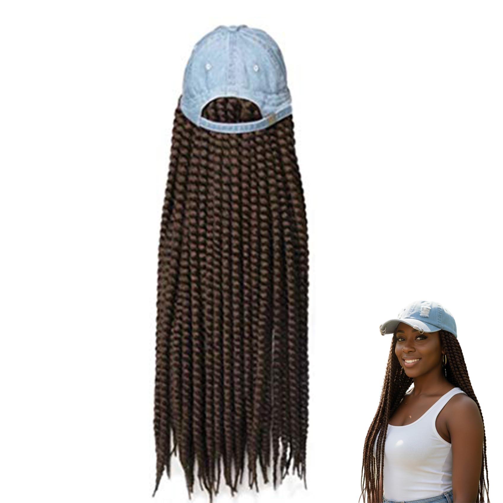 Gorra de béisbol con trenzas para mujer, gorro de peluca trenzado de 22 pulgadas con de 3 hebras para uso diario al aire libre