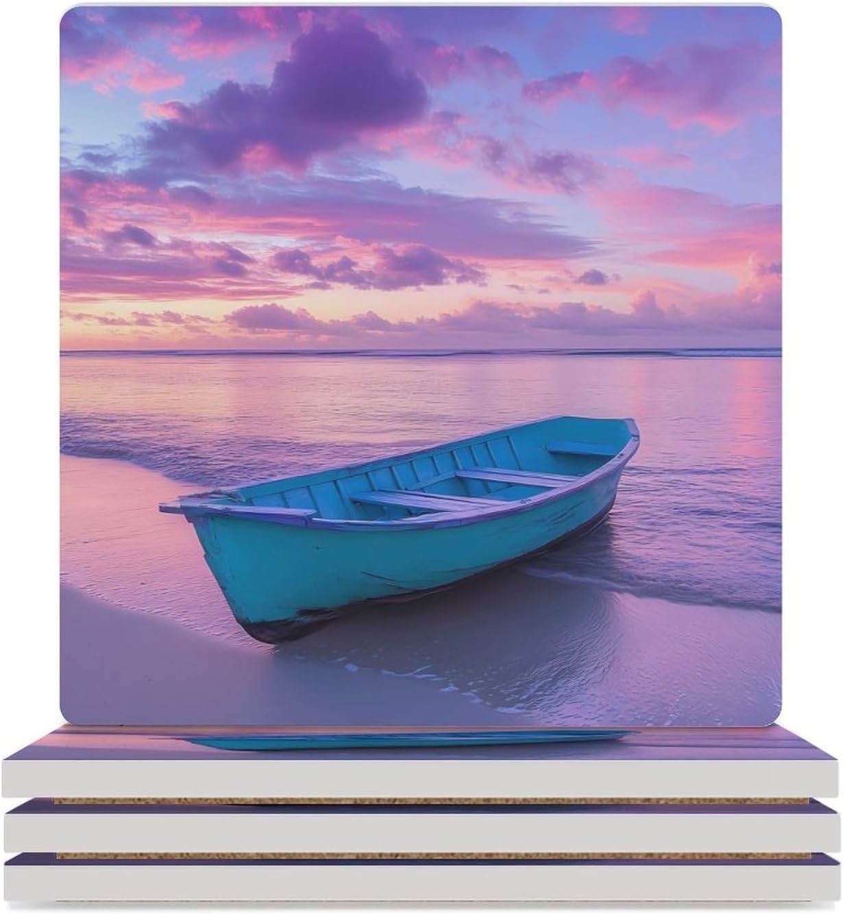 Hawaii Sunset Boat Landscape Ceramic Coasters Square Drinks Coaster Coffee Table Decor Table Coaster for Home Bar