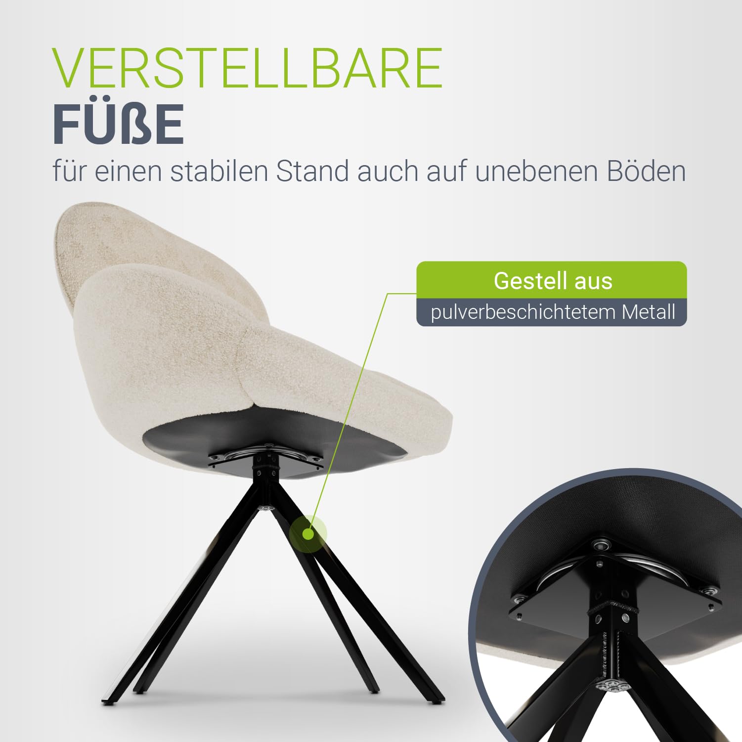 Juskys® Drehstuhl Albano - Bouclé - 360° drehbar & gepolstert, pflegeleichter Bezug, verstellbare Metallfüße, modern, für Esszimmer & Küche - Creme