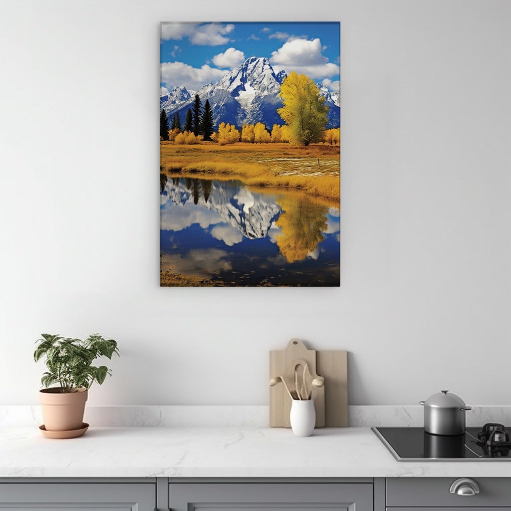 Canvas for Living room. Reflective Waters and the Majesty of Snow-Capped Peaks in Autumn's Embrace, 27 x 18 inch Canvas Wall Art - Contemporary Masterpieces - Modern Home Decor - 69x46 cm (27x18 inch)