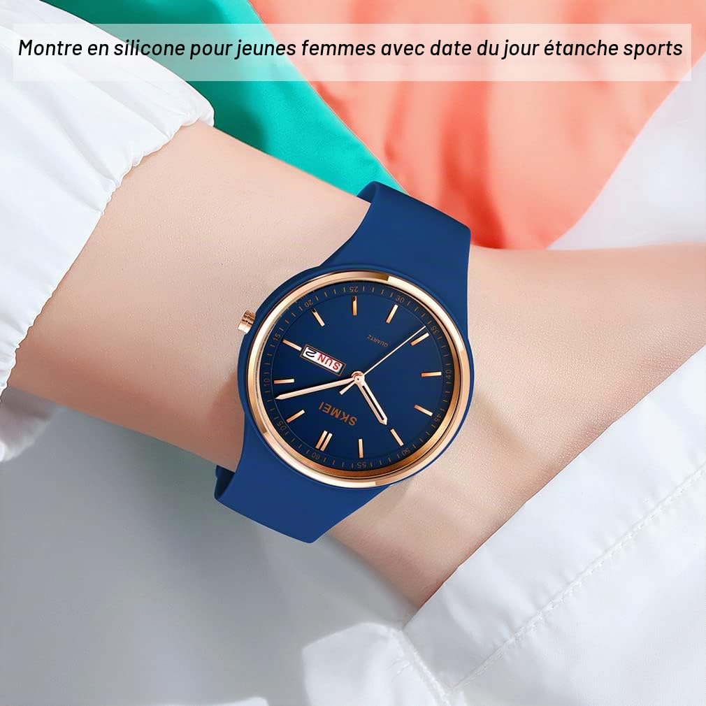 SKMEI Montre de sport pour jeune femme avec bracelet en silicone - Grand cadran - Étanche - Style décontracté - Simple - Quartz analogique - Jour - Date - Cadeau pour filles - Blanc