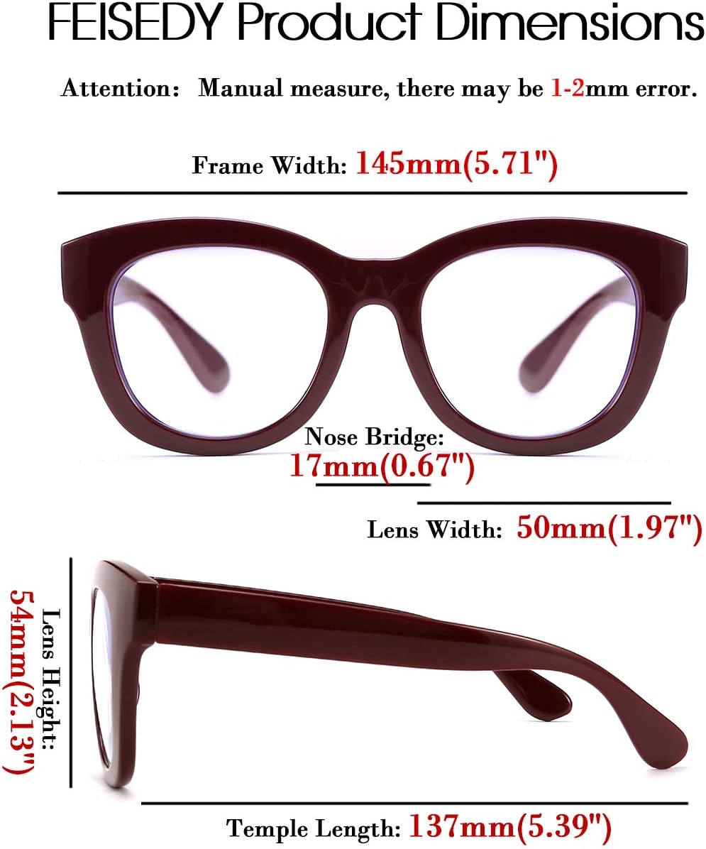 FEISEDY Retro Reading Glasses Thick Square Big Frame Blue Light Blocking Lens Anti Glare Digital Eyestrain B2534