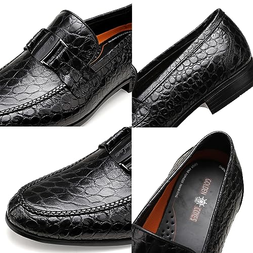 Image of Mens Leather Penny Loafers, Classic Crocodile Printed Business Dress Shoes with Metal Buckle Slip on Penny Shoes for Mens