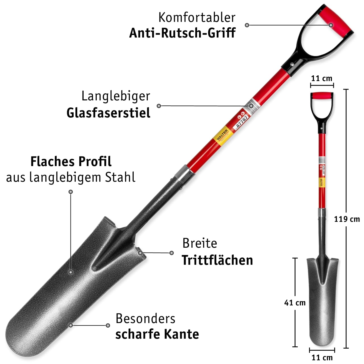 WALTER Spezialspaten-Set 3-TLG. - Kombispaten, Drainagespaten und Wurzelspaten - Robuster Glasfaserstiel, Antirutschgriff, langlebiger Kohlenstoffstahl