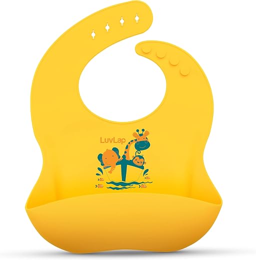 LuvLap Silicone Baby Bib for Feeding & Weaning Babies & Toddlers, Waterproof, Washable & Reusable, Non Messy Easy Cleaning, No Bad Odour, Adjustable Neckline with Buttons (Yellow)