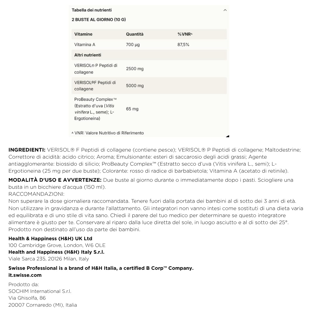 Swisse Professional Cosmetic Skin Protocol - Integratore Pelle con Collagene Verisol®, Vitamina A e ProBeauty Complex™, Gusto Arancia, 30 Buste