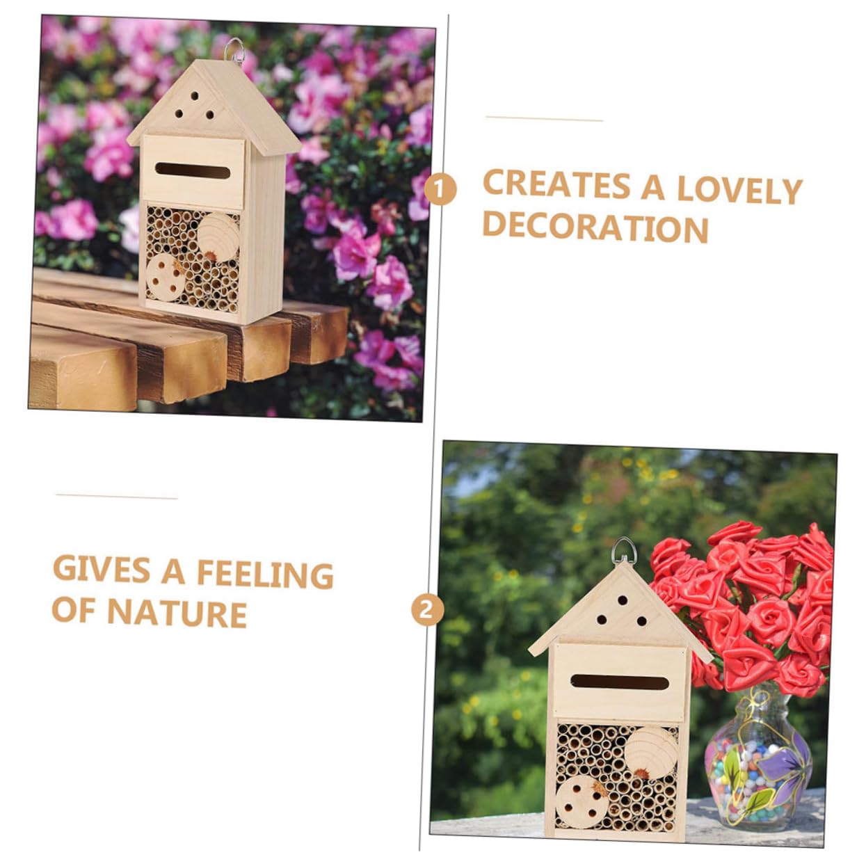 Milisten 2 Stück Bienenhaus für Garten und Terrasse Insektenhotel mit Sicherem Dach Glatten Oberflächen Nisthilfe für Wildbienen und Marienkäfer Gartenhaus für Insektenbeobachtung