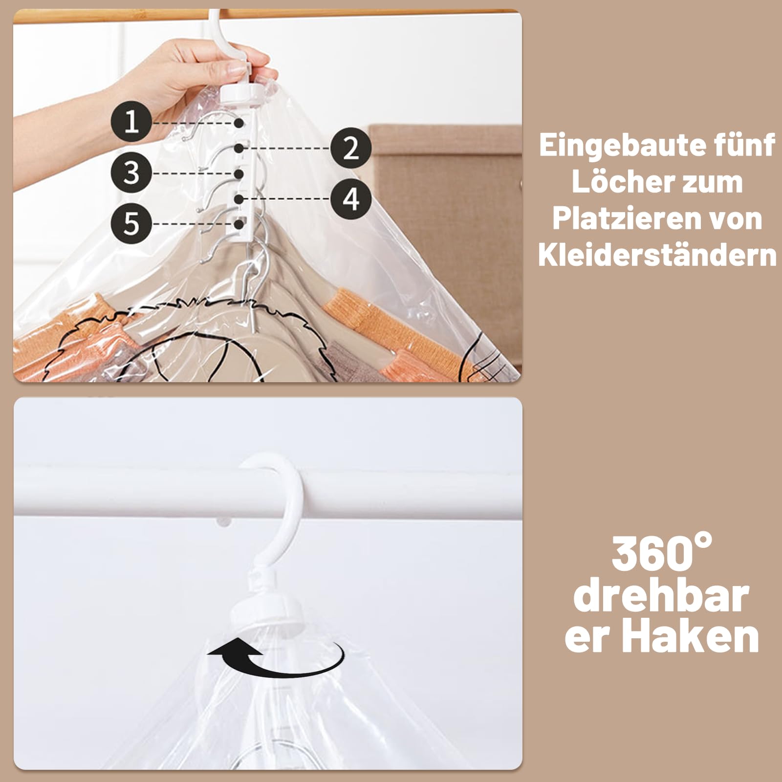 Bocguy 5 stuks vacuümzakken om op te hangen, vacuümzakken, transparante zakken met haken voor kleding, vacuümzakken, kleding voor kast, mantels, jassen, 110 x 70 cm