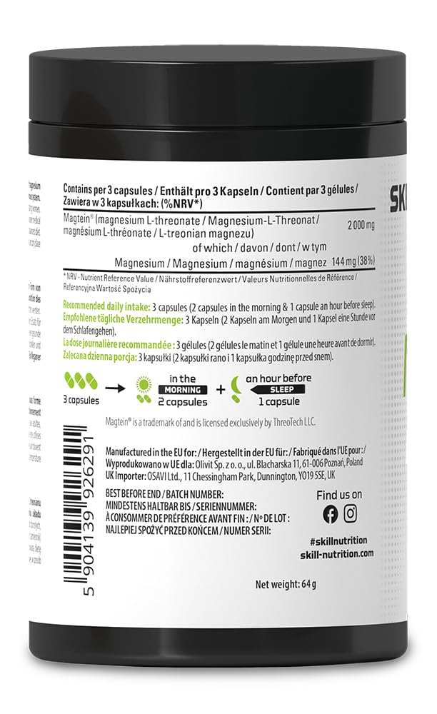 SKILL Nutrition Magtein® Magnez L-Treonian | 90 kapsułek | Klinicznie przebadana, wysoko biodostępna formuła | Wspiera koncentrację, pamięć i funkcje poznawcze | Mięśnie i elektrolity | Wegański