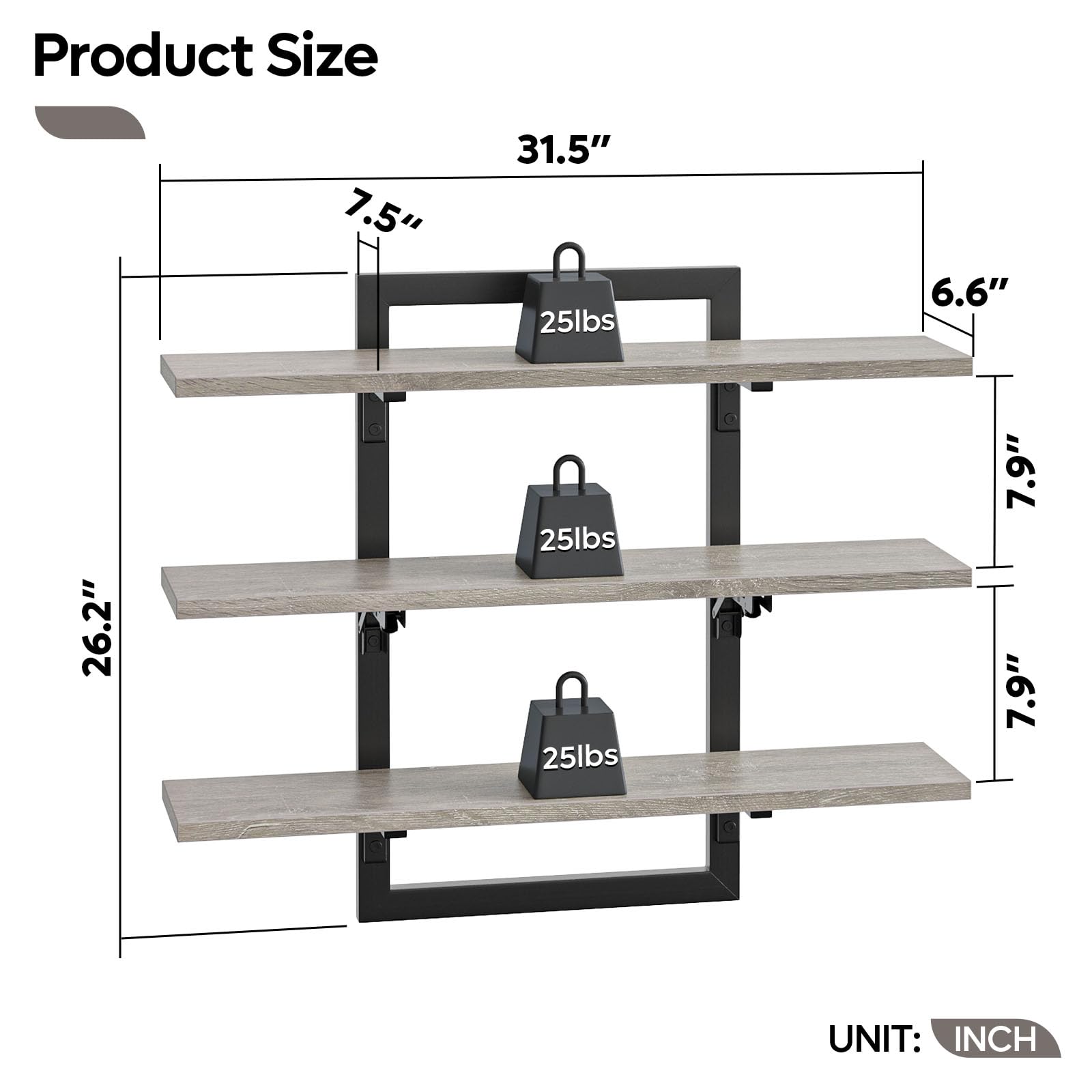 Bestier Floating Shelves for Wall, 32 inch Kitchen Shelves Wall Mounted, 3 Tier Coffee Bar Shelf with Foldable Brackets, Industrial Display Shelf for Bathroom, Living Room, Retro Grey