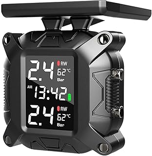 mewmewcat Monitor De Pressão Dos Pneus,Sistema de monitoramento da pressão dos pneus TPMS para motocicletas Carregamento sem fio solar IP67 à prova d'água com 2 sensores externos TPMS Exibe a pressão