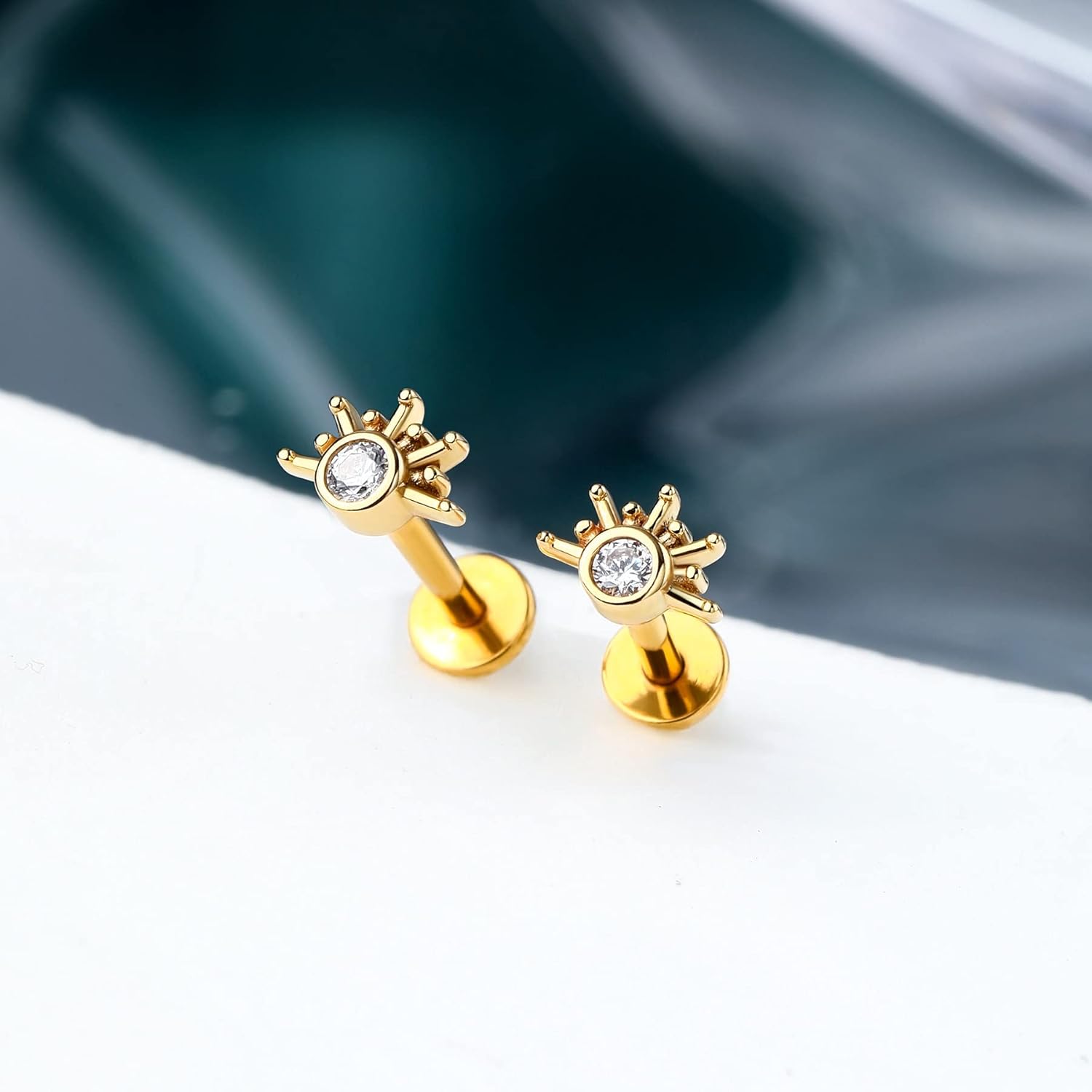 COCHARM 14K Solid Gold Cartilage Earring Stud 16g Yellow Gold Flat Back Helix Stud 14K Gold Push in Tragus Earring Stud Threadless Labret Stud Labret Rings