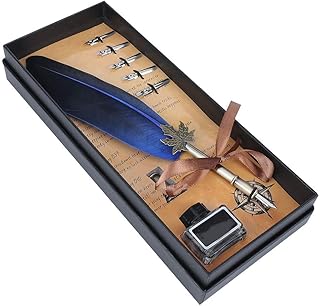 Calligraphy Dip Pen Set, Vintage Feather Fountain Writing Pen Calligraphy Ink Quill Dip Pen Home Decor with Gift Box for School Kids Students Children Christmas New Year Gift (Blue)
