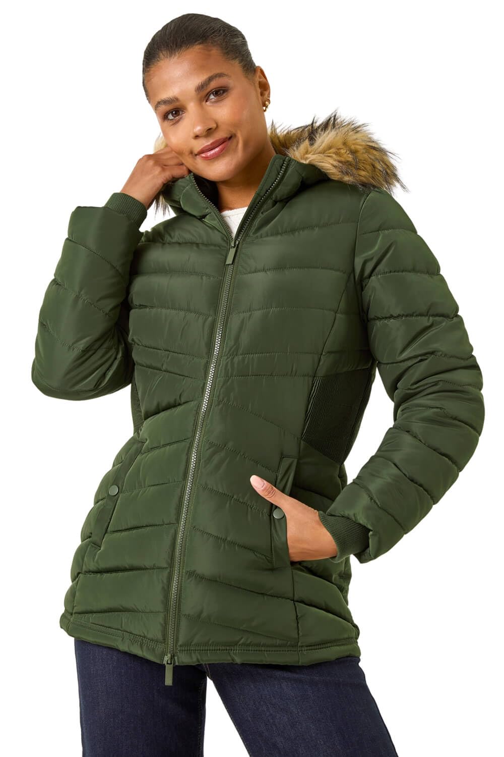 Roman Quilted Padded Coat for Women UK - Ladies Parka Winter Jacket Faux Fur Trim Hooded Short Autumn Waterproof Water Resistant Everyday Holiday Comfy Work - Khaki - Size 14