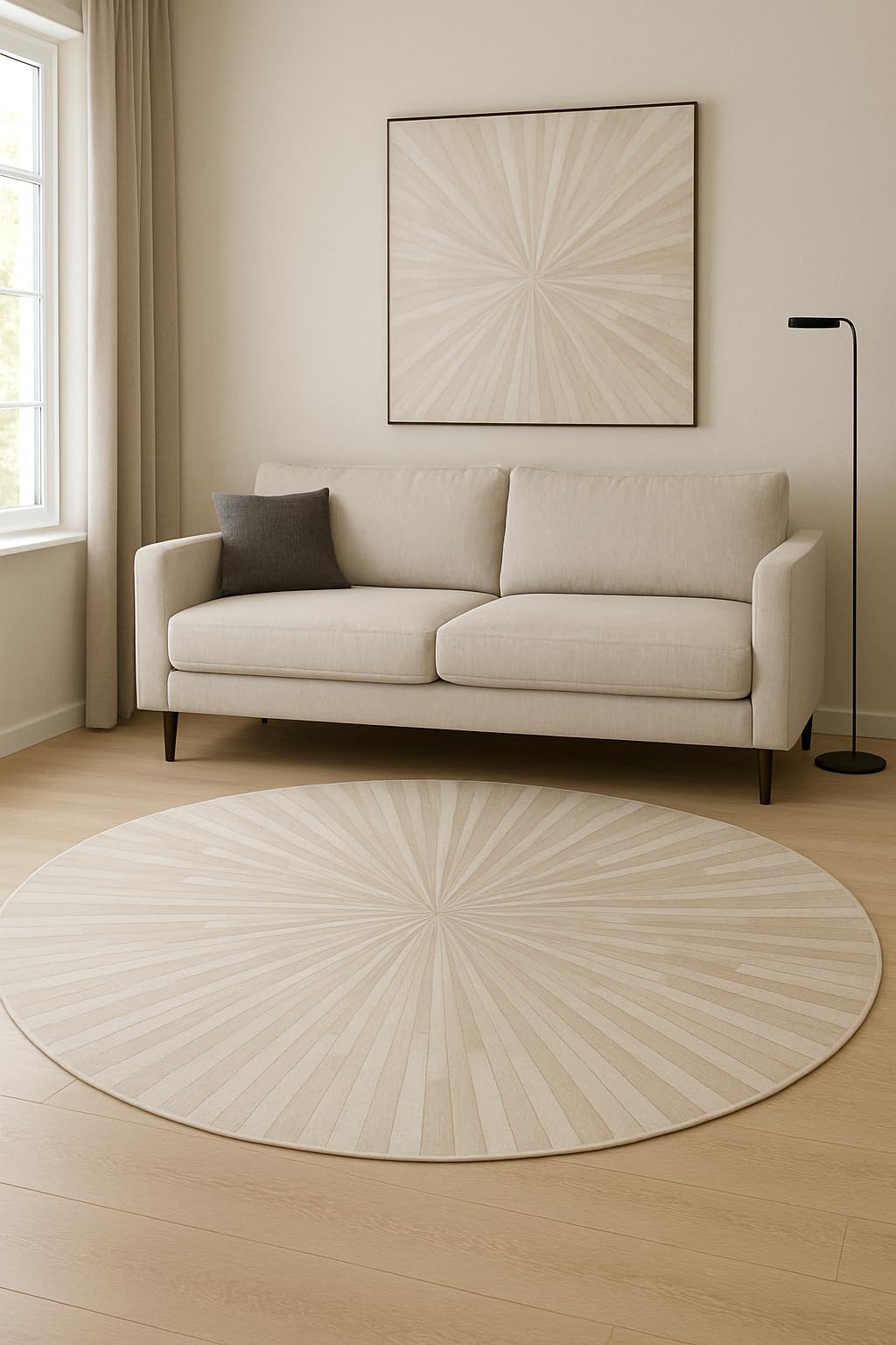 Jazzlyn Emporio Cowhide Hairon Leather Round Rug Long Thin Striped White Rug Handmade Leather Area Rugs for Living Room, Bedroom & Hall (9x9 ft)