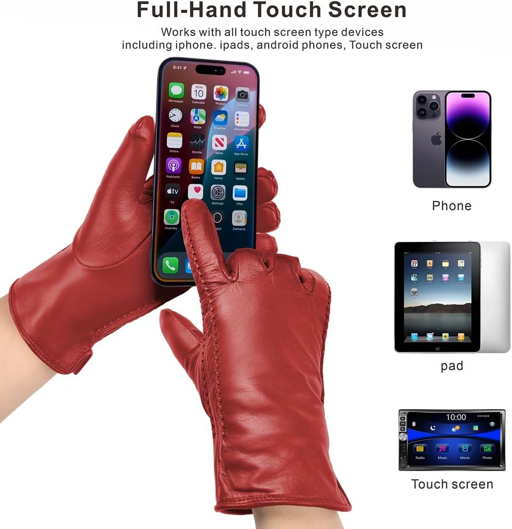 Harssidanzar Womens Winter Warm Lining Lambskin Leather Gloves Touchscreen Texting Warm Driving Gloves HL001US - Image 5