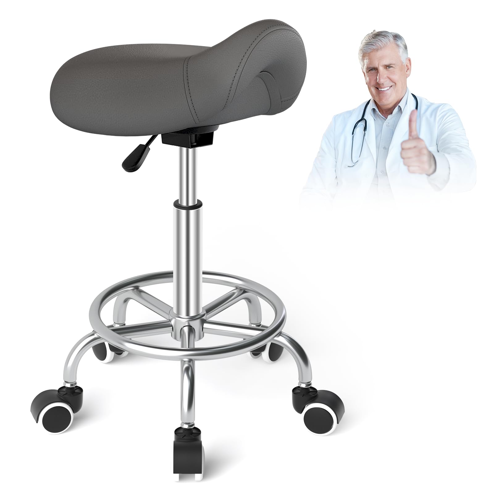 YEEZEE - Taburete de sillín de caballo ergonómico con ruedas para oficina, color gris | Antimal de espalda, comodidad óptima, altura 46-59 cm, capacidad 150 kg, taburete ruedas para peinado, tatuaje, dental