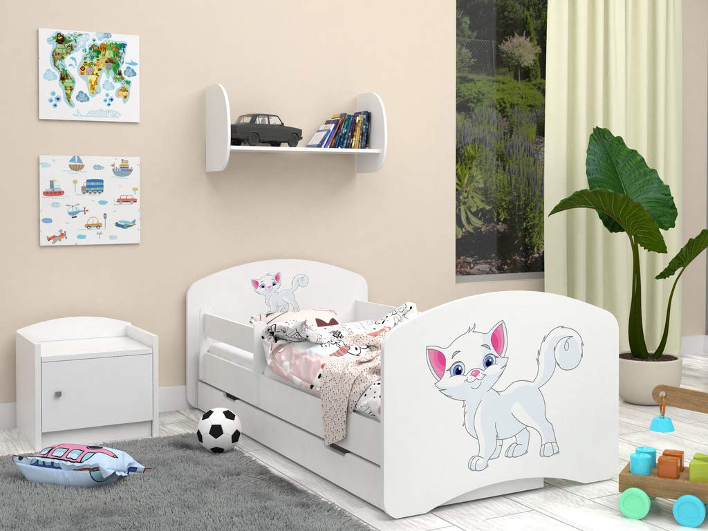 Happy Babies - Dwustronne łóżko dziecięce z szufladą Nowoczesne wzornictwo z bezpiecznymi krawędziami i zabezpieczeniem przed upadkiem materac piankowy 7 cm. (190x90, 12. kotki)