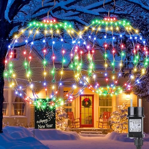 Joomer Lot de 2 Boules Lumineuses de Noël d'Extérieur Alimentées Par Adaptateur,Boules Guirlande Lumineuses Led Pliables en Métal,8...