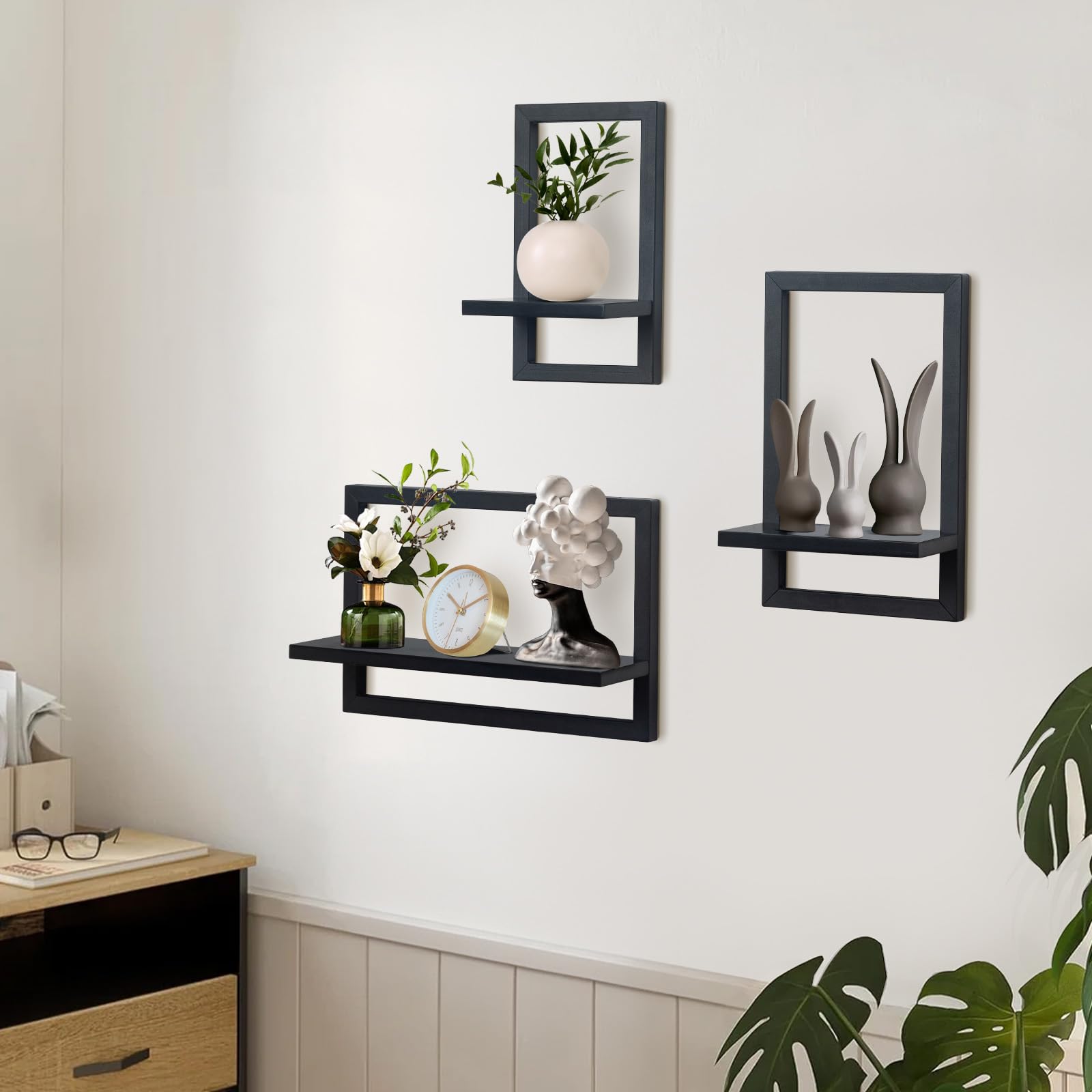 Set mit 3 Wandregalen, Schwebende Regal für die Wand Deko, Hängeregale zur Wandaufbewahrung, Quadratische Bücherregal Wand, Wandregal Holz Hängeregal für Schlafzimmer, Wohnzimmer, Schwarz
