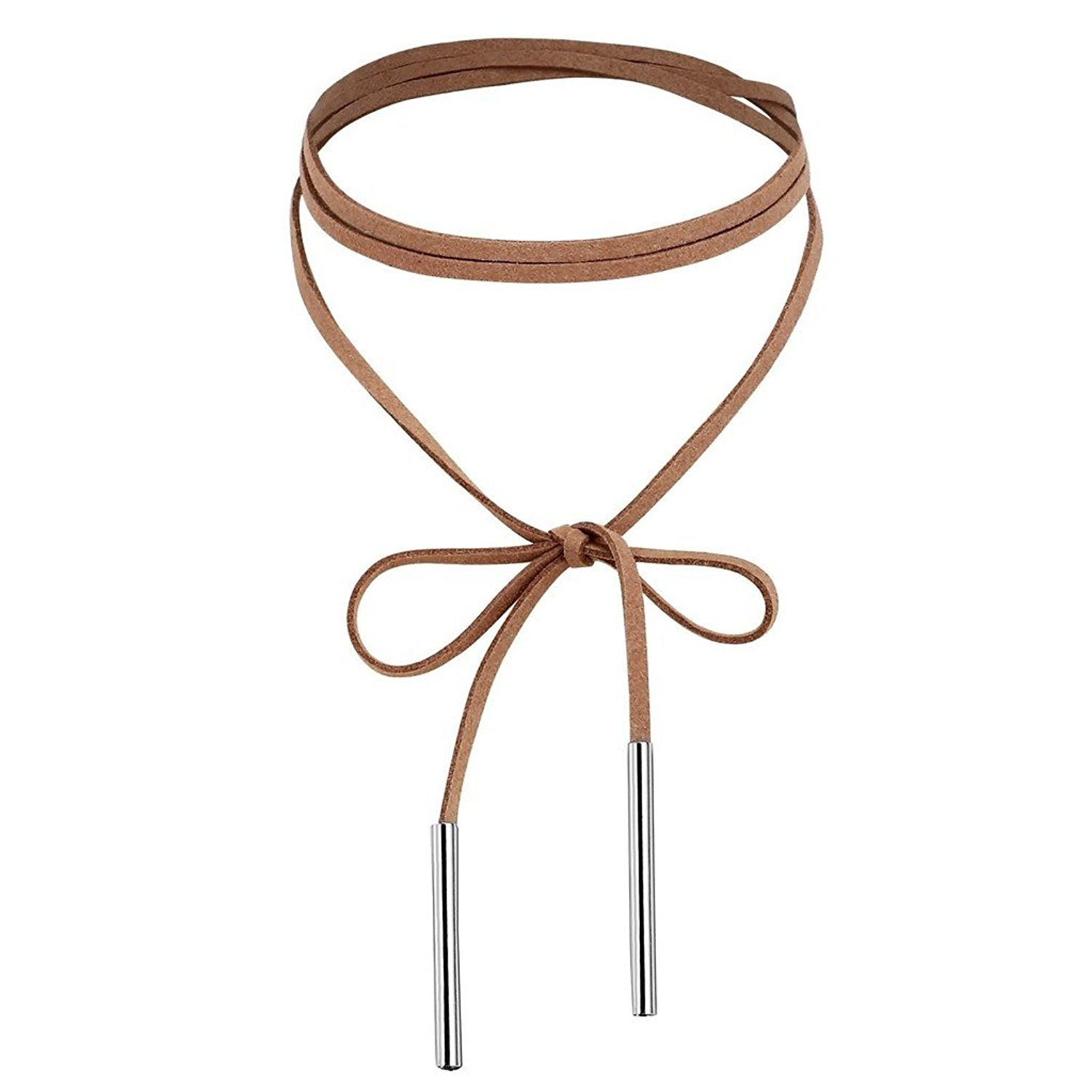 Streamline Light Brown Faux Leather String Tie Up Choker with Silver Aiglets