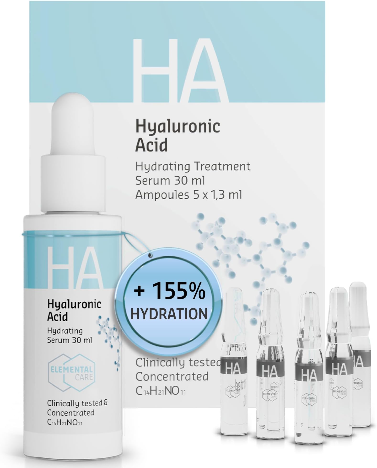 Elemental Care Hyaluronic Acid Hydrating Treatment Set – Face Serum 30ml with 5x1.3ml Ampoules for Intense Hydration, Natural Face Lift Effect and Smoother, Rejuvenated Skin