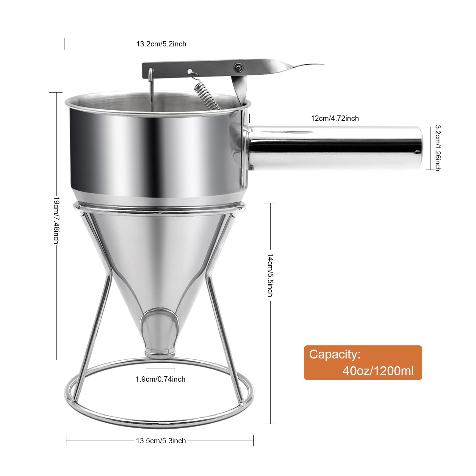 Dispensador de masa para panqueques de 40 onzas, dispensador de pastel de embudo de acero inoxidable con soporte, herramienta de horneado resistente para cupcakes, gofres, pasteles, calibre: 5