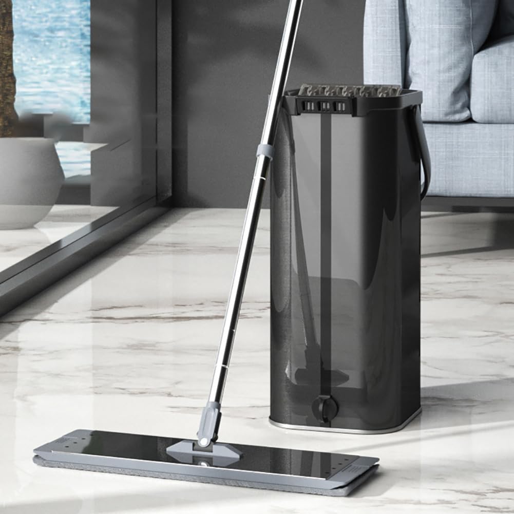 Escurridor De Trapeador Profesional De Acero Inoxidable con 2 Compartimentos para Baldes, Trapeador De Microfibra, Trapeador Plano Giratorio De 360 ​​​​° con Mango De 140 Cm Y 10 Almohadillas