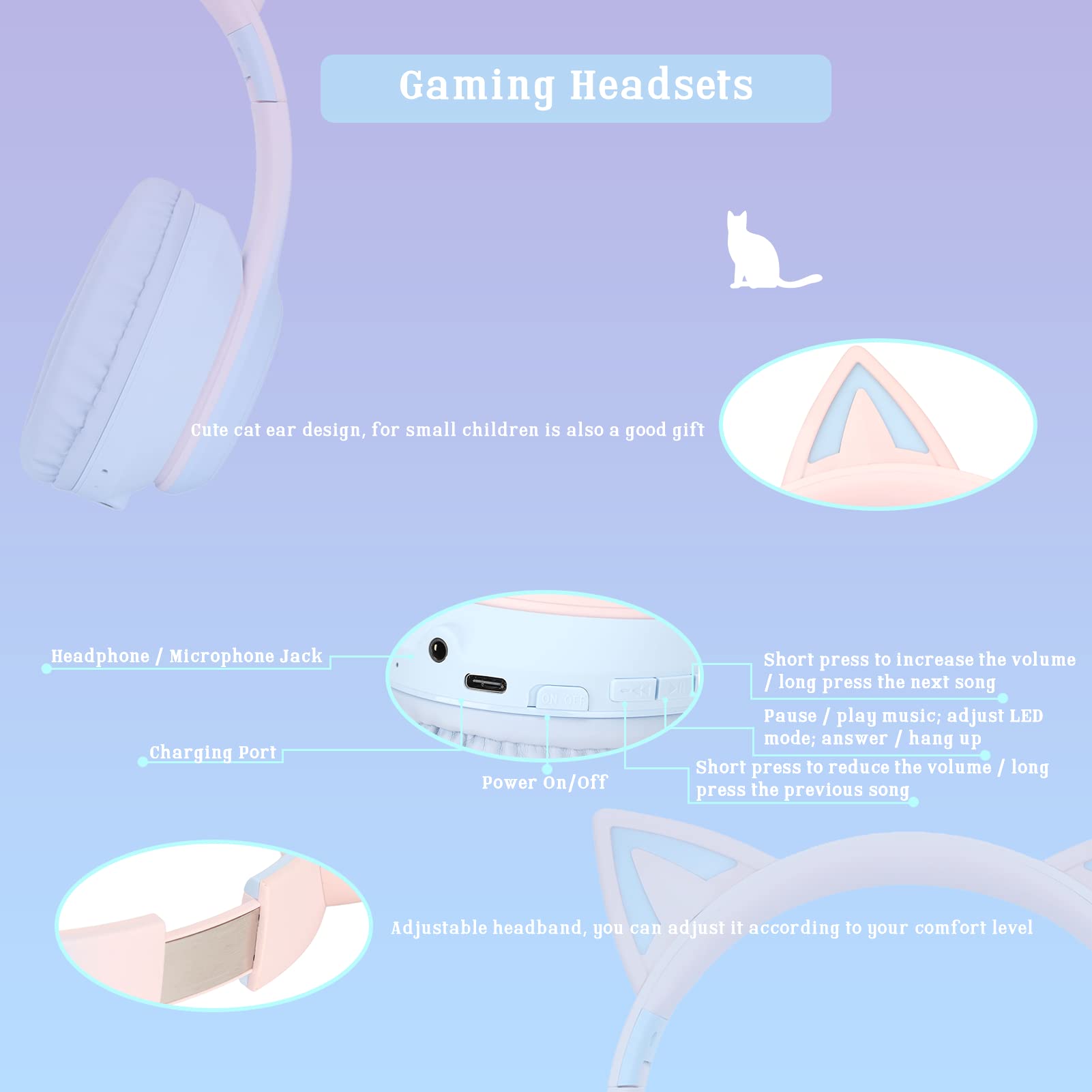 Gugxiom Cat-Ear-Kopfhörer, Kabellose Gaming-Headsets über Bluetooth 5.1/3,5 Mm AUX-Kabel, Faltbare Kopfhörer mit 7-farbigen LED-Leuchten und 4 LED-Modi für Mädchen(Blau)