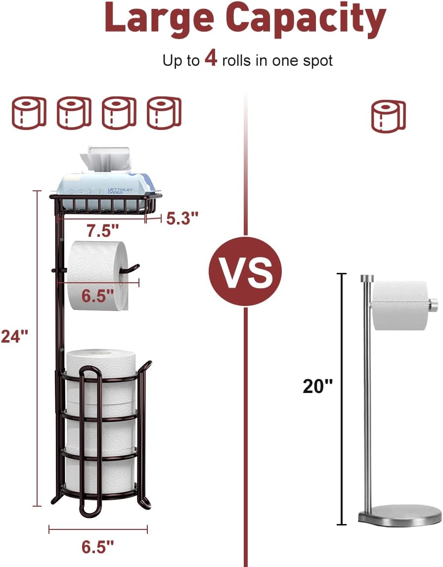 Toilet Paper Holder Stand Tissue Paper Roll Dispenser with Shelf for Bathroom Storage Holds Reserve Mega Rolls-Bronze - Image 5