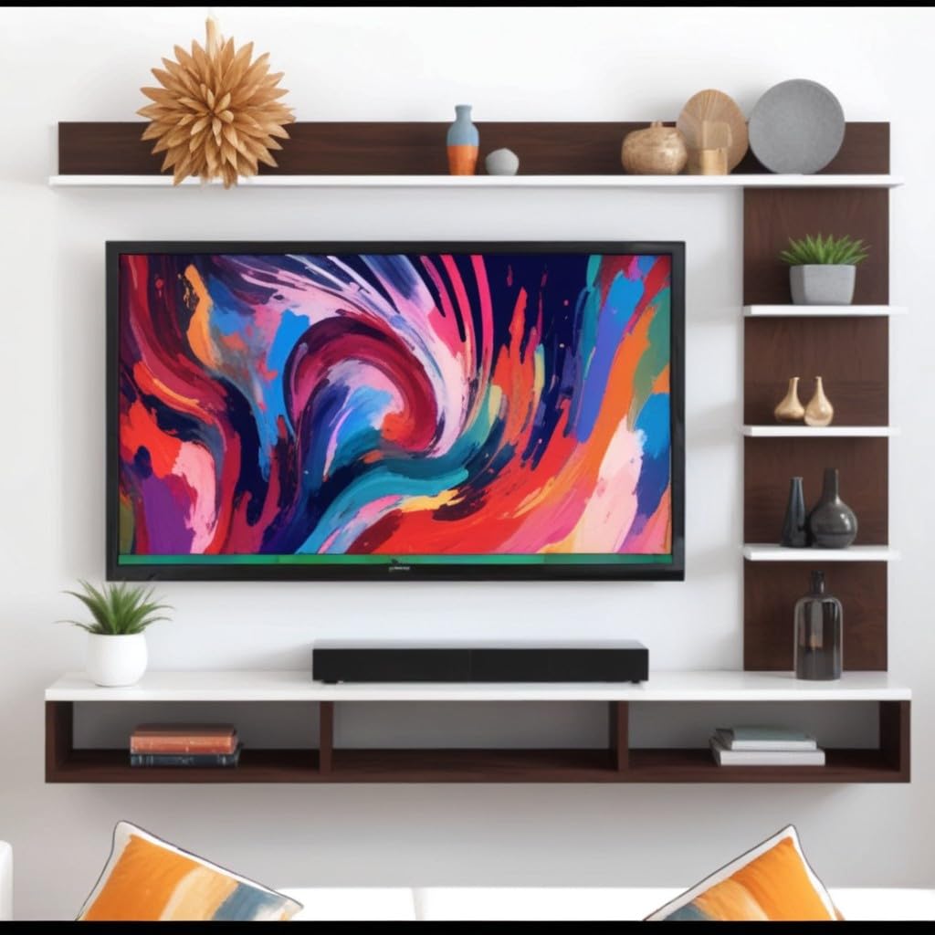 High Strength & Durable Wall Mount Engineered Wood TV Entertainment Unit Stand Set Top Box Stand for Living Room Classic Walnut & Frosty White Large