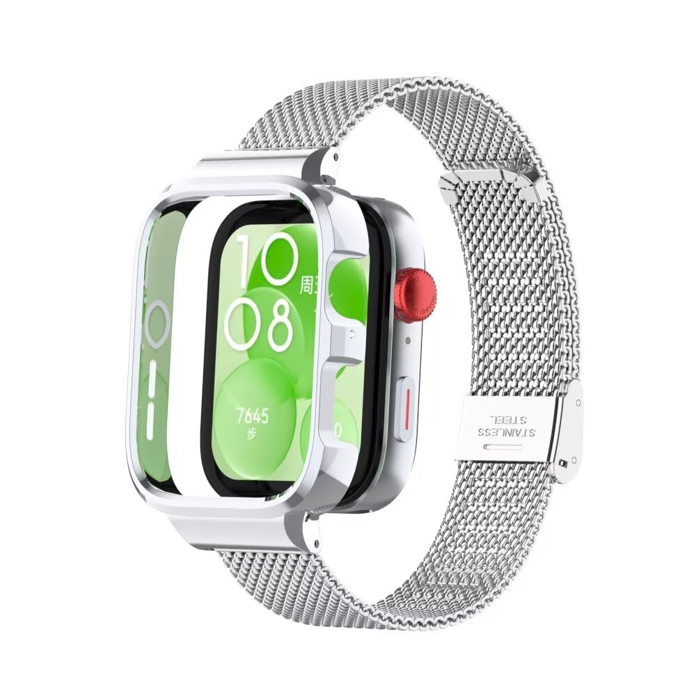 T-BLUER Compatible for Huawei Watch Fit 3 Bands,Stainless Steel Metal Replacement Strap Bracelet with Metal Frame for Huawei Watch Fit 3 Woman Man