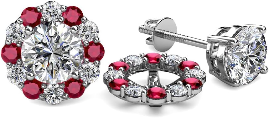 Natural Diamond & Ruby 0.74 ctw Women Halo Jackets for Stud Earrings 14K White Gold