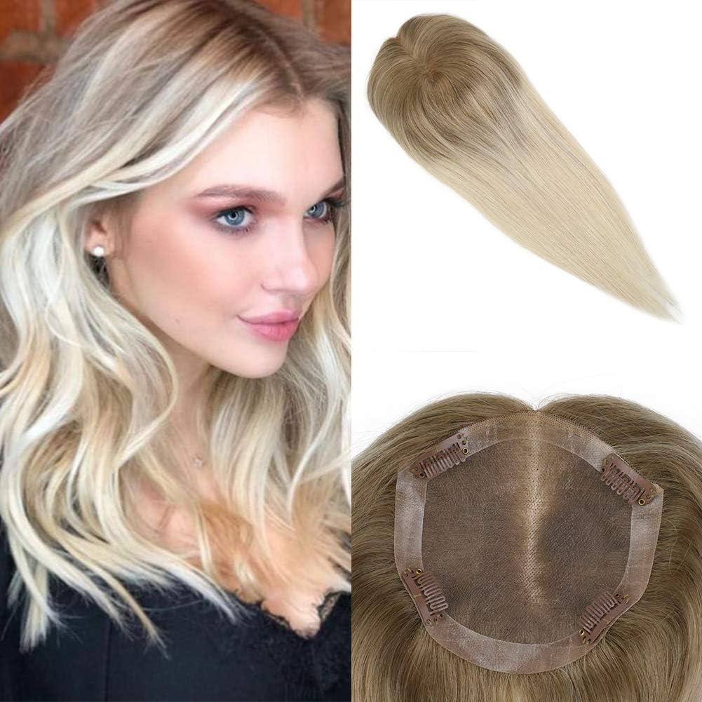 Moresoo Hand-tied Hair Topper 10 Inch Mono Base Top Piece Crown 5inch5inch Hair Piece Toppers for Women #6 Brown Ombre to #613 Blonde Clip in Invisible Hair Topper/Topper Replacement