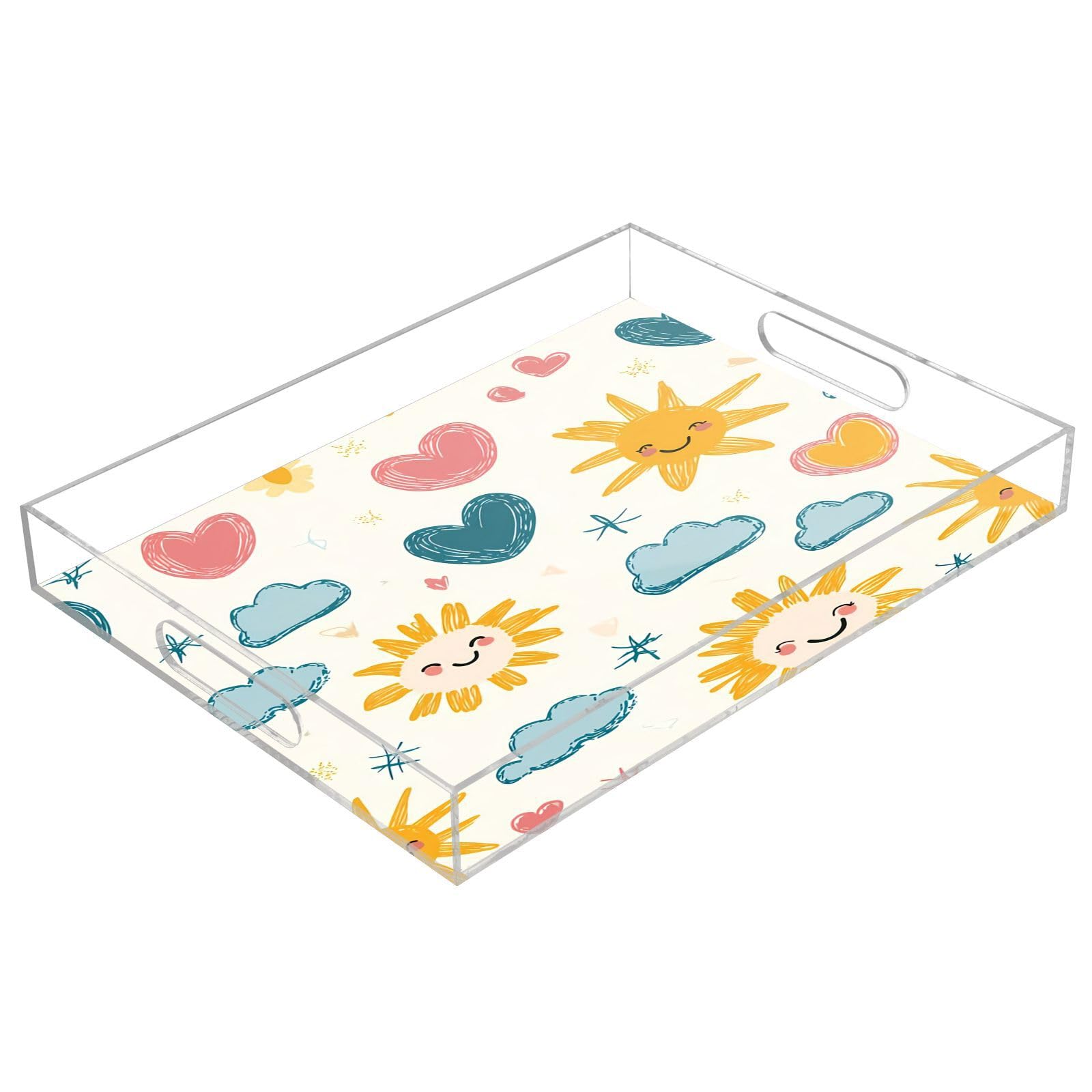 BOESI Doodle Sun and Heart Acrylic Decorative Dining Tray, Acrylic Decorative Tray Organizer with Handle for Kitchen, Dining Room, Bathroom, Dresser