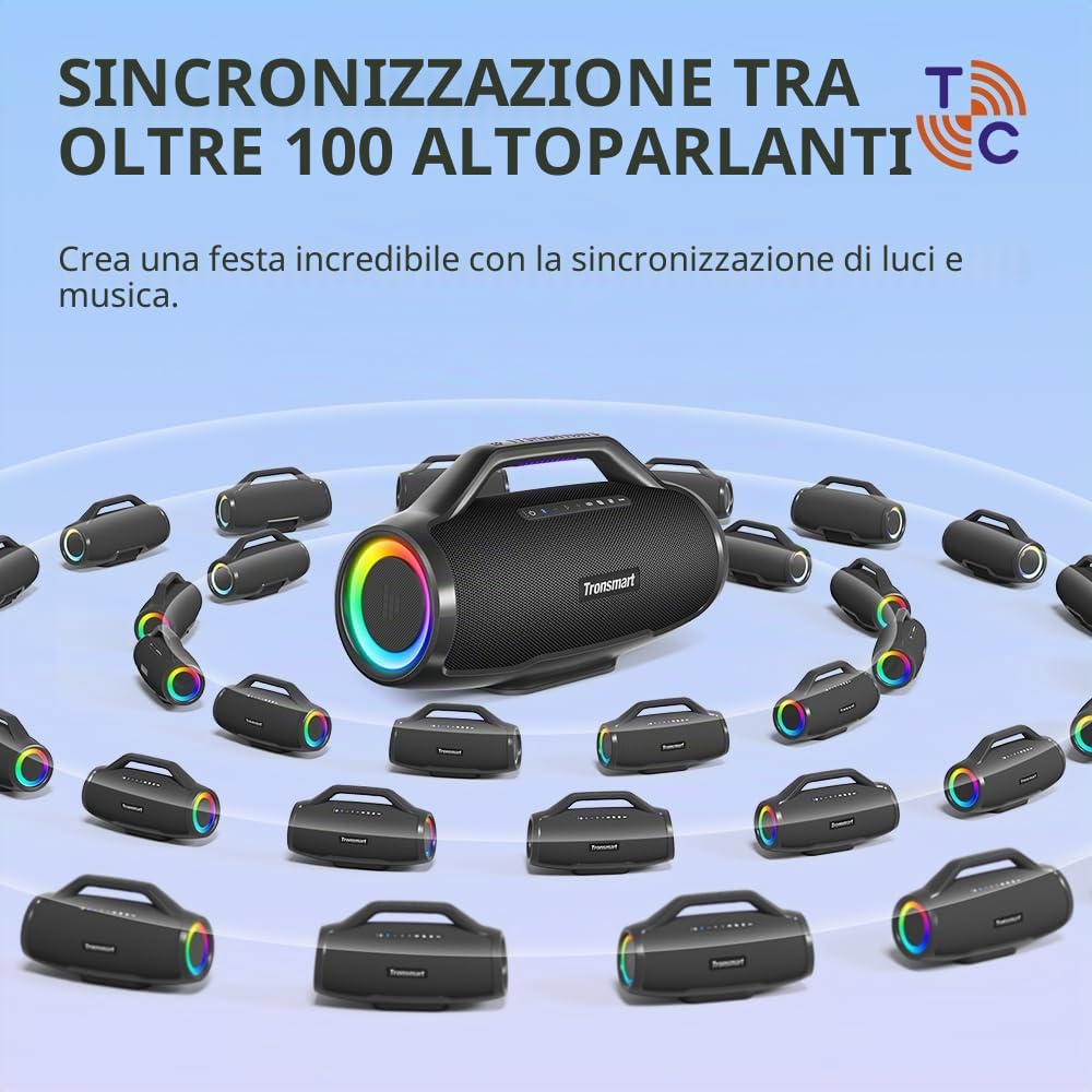 Tronsmart Bang MAX Cassa Bluetooth Potente 130W, Altoparlante Bluetooth 5.3, Luci a LED e Impermeabile IPX6, Fino a 24H di Autonomia, Tripli Radiatori Passivi-Bassi con AUX, TF, App, Foro per Chitarra