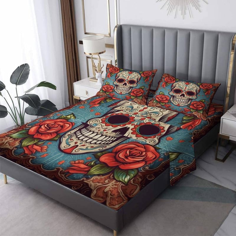 Miniatura 1 de Juego de sábanas tamaño King  Sábanas de cama de calavera de azúcar, sábanas y fundas de almohada, bolsillo suave y profundo y sin arrugas, 1 sábana