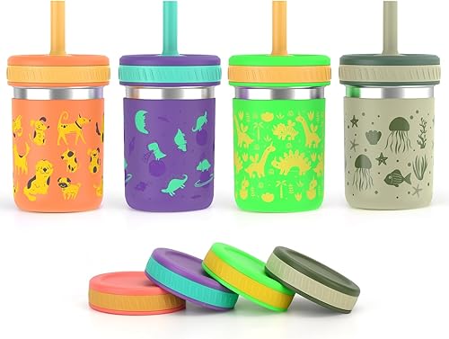 Miniatura 17 de Sursip Vasos infantiles de acero inoxidable con pajitas y tapas, resistentes a derrames, con popote de silicona para batidos, bebidas, aperitivos,