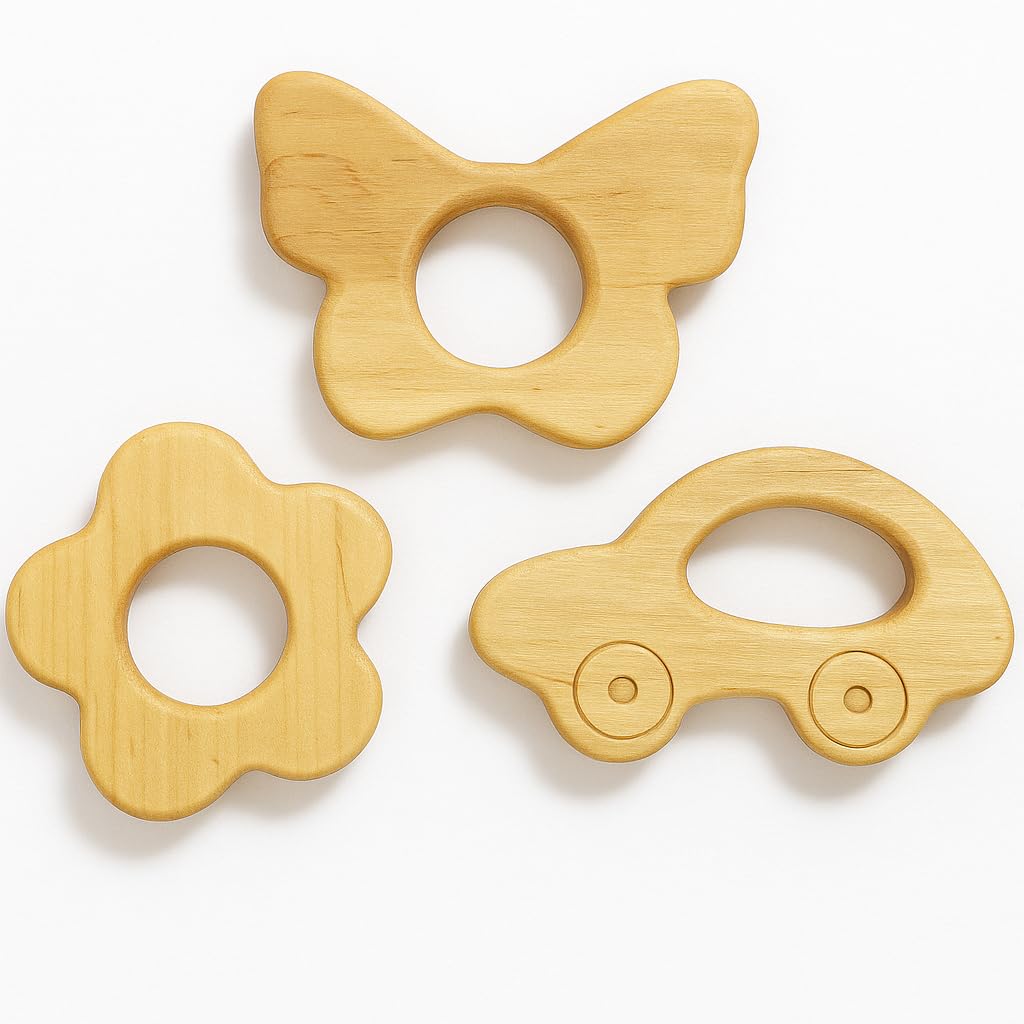 Shark Doo Doo® Neem Wood Baby Teether Combo (Car, Butterfly & Flower) | Organic & Handcrafted | Paint-Free, Antibacterial Teething Toy for Babies-image-33