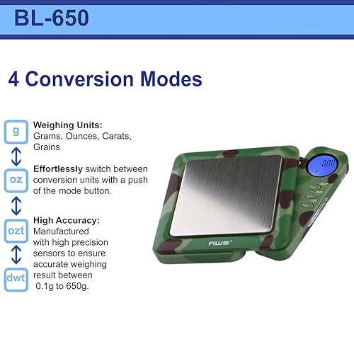 Vista 65 de AMERICAN WEIGH SCALES Serie Blade - Báscula digital de bolsillo de precisión - 650G X 0.1 G - (rojo) Rojo -,Gris,plateado,Azul,Camo,Negro,Cromado