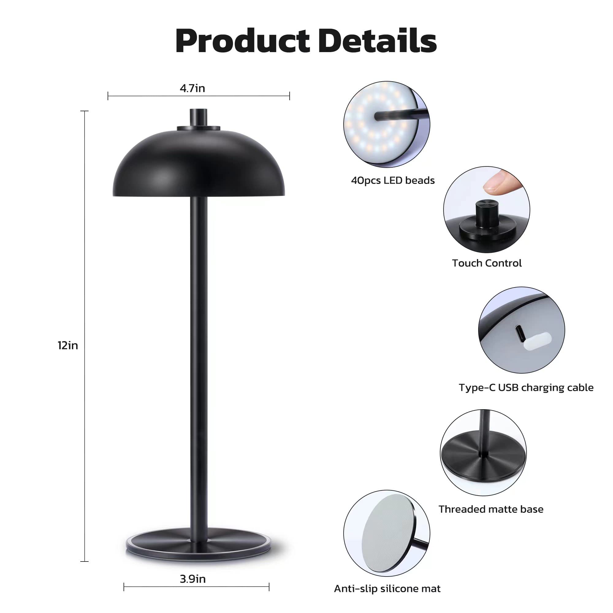 Lampada da tavolo senza fili ricaricabile, 5000 mAh, lampada da tavolo a LED dimmerabile in 3 colori, con funzione di memoria, per interni, esterni, cene, casa, ristorante, (nero)