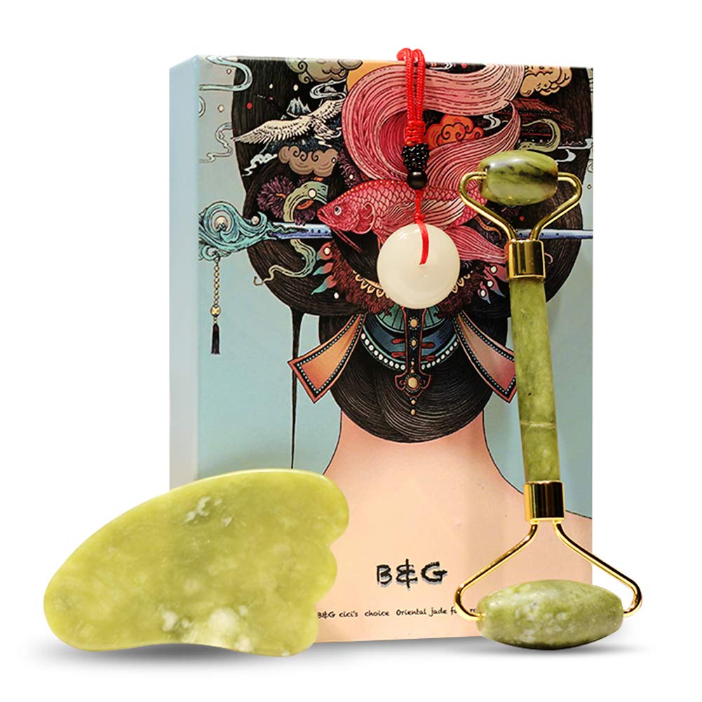 B & G Jade Roller for Face and Gua Sha Set - Beauty Cosmetic Facial Skin Roller Massager Tool - Original Handcraft Natural Jade with Meditating Jade Pendant
