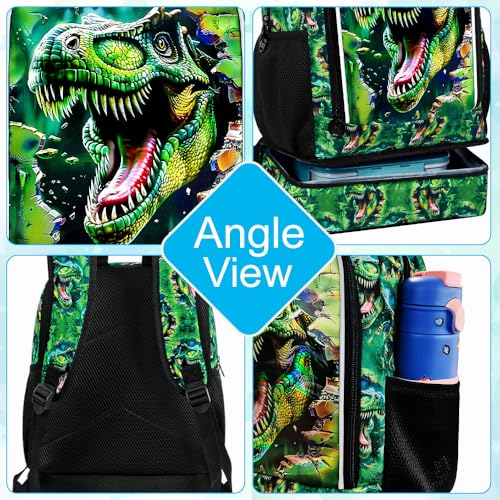 Image of 2 In 1 Dinosaur Backpack for Boys, 17 inch School Bookbag with Lunch Box, Kids Backpacks for Elementary Preschool Kindergarten (Green)