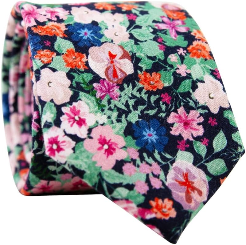 DAZI Men's Skinny Tie Floral Print Cotton Necktie, Great for Weddings, Groom, Groomsmen, Missions, Dances, Gifts.
